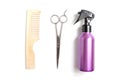 Set of professional hairdresser tools equipment on white background - scissors, comb and spray - hair stylist concept