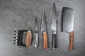 A set of professional kitchen knives consisting of a five-bladed knife, a small rounded knife, a sharp straight knife, a large