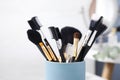 Set of professional makeup brushes in holder, closeup Royalty Free Stock Photo