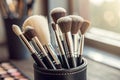 Set of professional makeup brushes in holder, closeup and a shallow depth of field - generated by ai Royalty Free Stock Photo