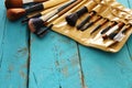 Set of professional makeup brushes on wooden table. Royalty Free Stock Photo