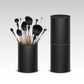 Set of Professional Makeup Concealer Powder Blush Eye Shadow Brow Brushes with Wooden Handles in Black Leather Tube