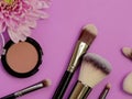 Set for professional makeup, different brushes for applying powder and eyeshadow. Cosmetics and Foundation