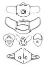Set of professional medical masks and respirators. Hand drawn vector sketch illustration