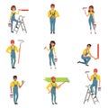 Flat vector set of painters with equipment brush, roller, bucket with paint, step folding ladder. Men and women in blue