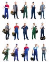 Set with professional plumbers and modern tools Royalty Free Stock Photo