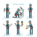 Set of professional plumbers repairing the broken home facilities, washbasin, toilet, cabin, washing machine, radiator Royalty Free Stock Photo