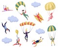 Flat vector set of professional skydivers. Extreme sport. Young wingsuit jumper. Active recreation. Skydiving theme