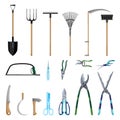 Set of professional tools care garden isolated on white background in flat style. Collection secateur, shovel, pitchfork, broom,