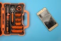 . A set of professional tools in a case for repairing phones, smartphones, computers and other office equipment Royalty Free Stock Photo