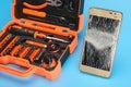 . A set of professional tools in a case for repairing phones, smartphones, computers and other office equipment Royalty Free Stock Photo