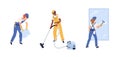 Set of professional workers of cleaning service. Male and female house cleaners in uniform scrubbing window, vacuuming