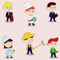 Set of professions doctor woman,musician with a violin, singer with a microphone, farmer with a rake,cook with a frying