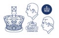 Set of profile portraits of Prince Charles, Prince of Wales, royal crowna and lettering text. King Charles III