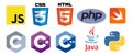 Set of 10 programming language logo vector icons: CSS, HTML, Javascript, Java, PHP, C, C++, C#, Swift, Python. Isolated editorial