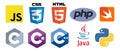 Set of 10 programming language logo vector icons: CSS, HTML, Javascript, Java, PHP, C, C++, C#, Swift, Python. Isolated editorial