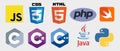 Set of 10 programming language logo vector icons: CSS, HTML, Javascript, Java, PHP, C, C++, C#, Swift, Python. Isolated editorial