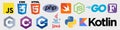 Set of 10 programming language logo vector icons: CSS, HTML, Javascript, Java, PHP, C, C++, C#, Swift, Python, Kotlin, GO, Fortran