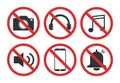 Set of prohibited signs. Do not take pictures. You can not headphones. You can not listen to music. Sound off Phone off. The call