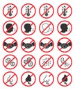 Set of prohibiting icons. No cough, no handshake, no runny nose, no fever, no virus