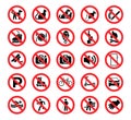 Set of prohibition icons. Prohibition warning. Red circle with oblique line. Vector illustration