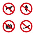 Set of prohibition signs at the entrance to the store or shop. Not allowed icons: no dogs, ice cream, smoking, skates, bike, photo