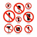 Set of prohibitive signs with types of alcoholic beverages. Vodka wine tequila champagne rum beer martini whiskey liquor.