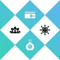 Set Project team base, Bioengineering, Cash back and Clock and gear icon. Vector Royalty Free Stock Photo