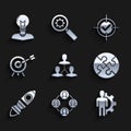 Set Project team base, Human with gear inside, Piece of puzzle, Rocket ship fire, Target arrow, and check mark and head Royalty Free Stock Photo