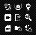 Set Project team base, Online working, Video camera Off home, Camera and Freelancer icon. Vector Royalty Free Stock Photo