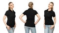 girl in blank black polo shirt mockup design for print and template woman in T-shirt front half turn side back view isolated Royalty Free Stock Photo