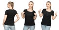 Set promo pose girl in blank black tshirt mockup design for print and concept template young woman in T-shirt front and back view Royalty Free Stock Photo