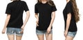 Set promo pose girl in blank black tshirt mockup design for print and concept template young woman in T-shirt isolated