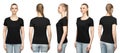 Set promo pose girl in blank black tshirt mockup design for print and concept template young woman in T-shirt isolated Royalty Free Stock Photo