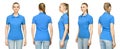 Girl in blank blue polo shirt mockup design for print and concept template young woman in T-shirt front and side back view Royalty Free Stock Photo