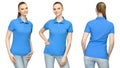 Girl in blank blue polo shirt mockup design for print and concept template young woman in T-shirt front and side back view Royalty Free Stock Photo