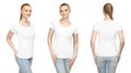 Promo pose girl in blank white tshirt mockup design for print and concept template young woman T-shirt front and side back view Royalty Free Stock Photo