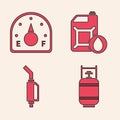 Set Propane gas tank, Motor gas gauge, Canister for motor machine oil and Gasoline pump nozzle icon. Vector