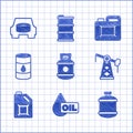 Set Propane gas tank, Oil drop, pump or pump jack, Canister for motor oil, Barrel, and Spare wheel in the car icon