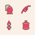 Set Propane gas tank, Oil storage, Gasoline pump nozzle and rig with fire icon. Vector Royalty Free Stock Photo