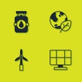 Set Propane gas tank, Solar energy panel, Wind turbine and Earth globe and leaf icon. Vector Royalty Free Stock Photo