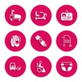 Set Prosthesis hand, Woman in wheelchair, Adult diaper, Walker, Disabled car, Hearing aid, Identification badge and