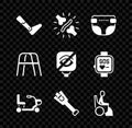 Set Prosthesis leg, Joint pain, knee pain, Adult diaper, Electric wheelchair, Woman, Walker and Blindness icon. Vector Royalty Free Stock Photo