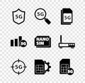 Set Protective shield 5G, Search network, Sim Card, card setting, and Nano icon. Vector Royalty Free Stock Photo