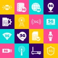 Set Protective shield 5G, Smart watch network, Laptop with, Antenna, Sim card setting, and icon. Vector Royalty Free Stock Photo