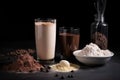 Set of protein bar shake and powder, created with Generative AI technology