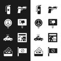 Set Protest, Peace, Fire extinguisher, Pistol or gun, Police car and flasher, Broken window, and Vote box icon. Vector Royalty Free Stock Photo