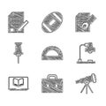 Set Protractor grid, Briefcase, Telescope, Table lamp, Online class, Push pin, Exam sheet and pencil and icon. Vector Royalty Free Stock Photo