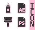 Set PS File document, Paint spray can, Paint brush and AE file document icon. Vector