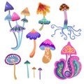 Set of psychedelic and fairy colorful mushrooms isolated on white background. Vector hand drawn illustration.